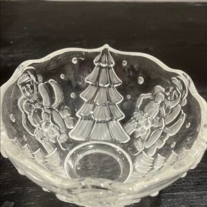 Clear Glass Holiday Bowl Santa and Trees